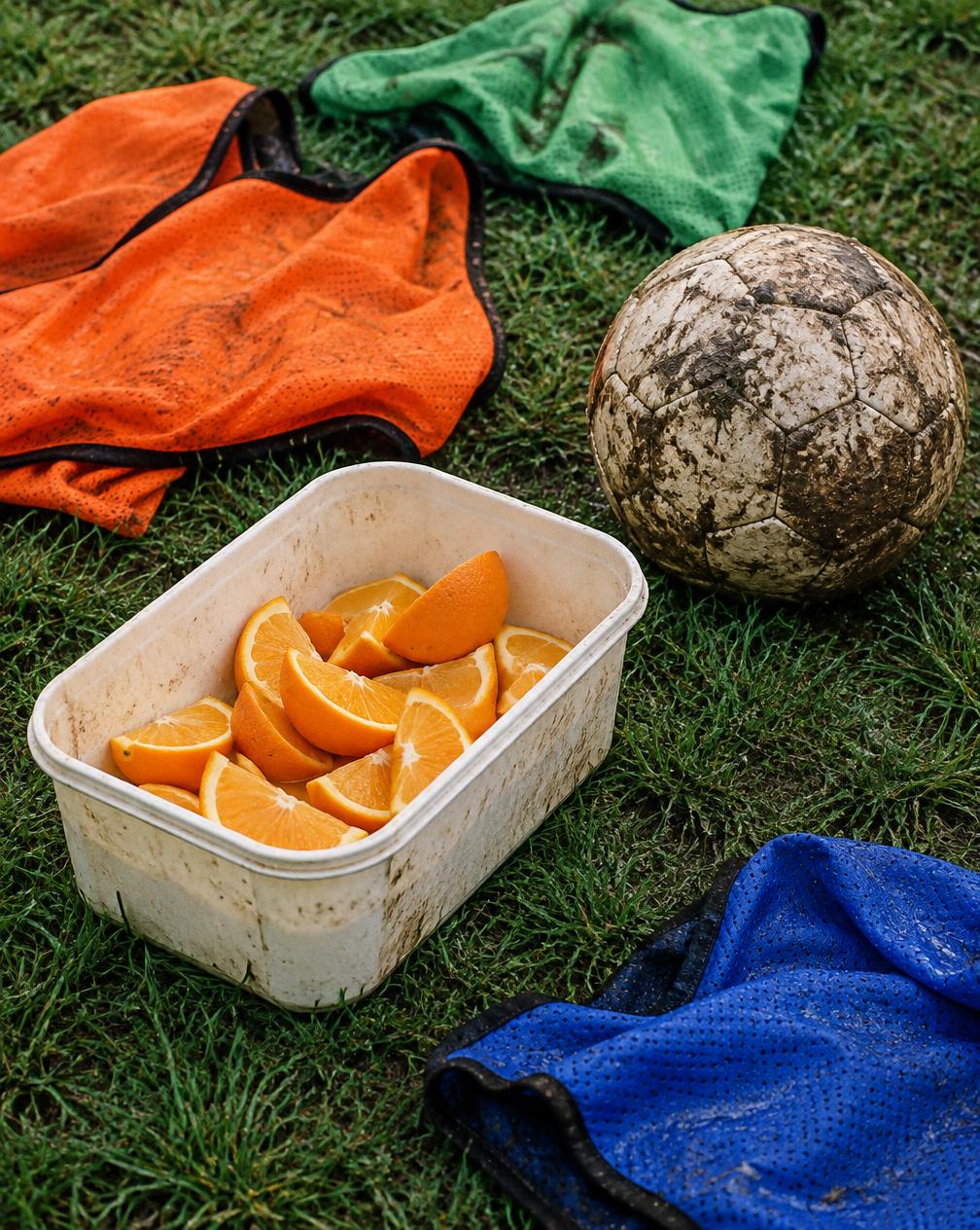 Half-time oranges and training bibs on the grass